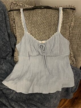 Sienna Sky Light Blue Crinkle Tank Top with Lace Trim